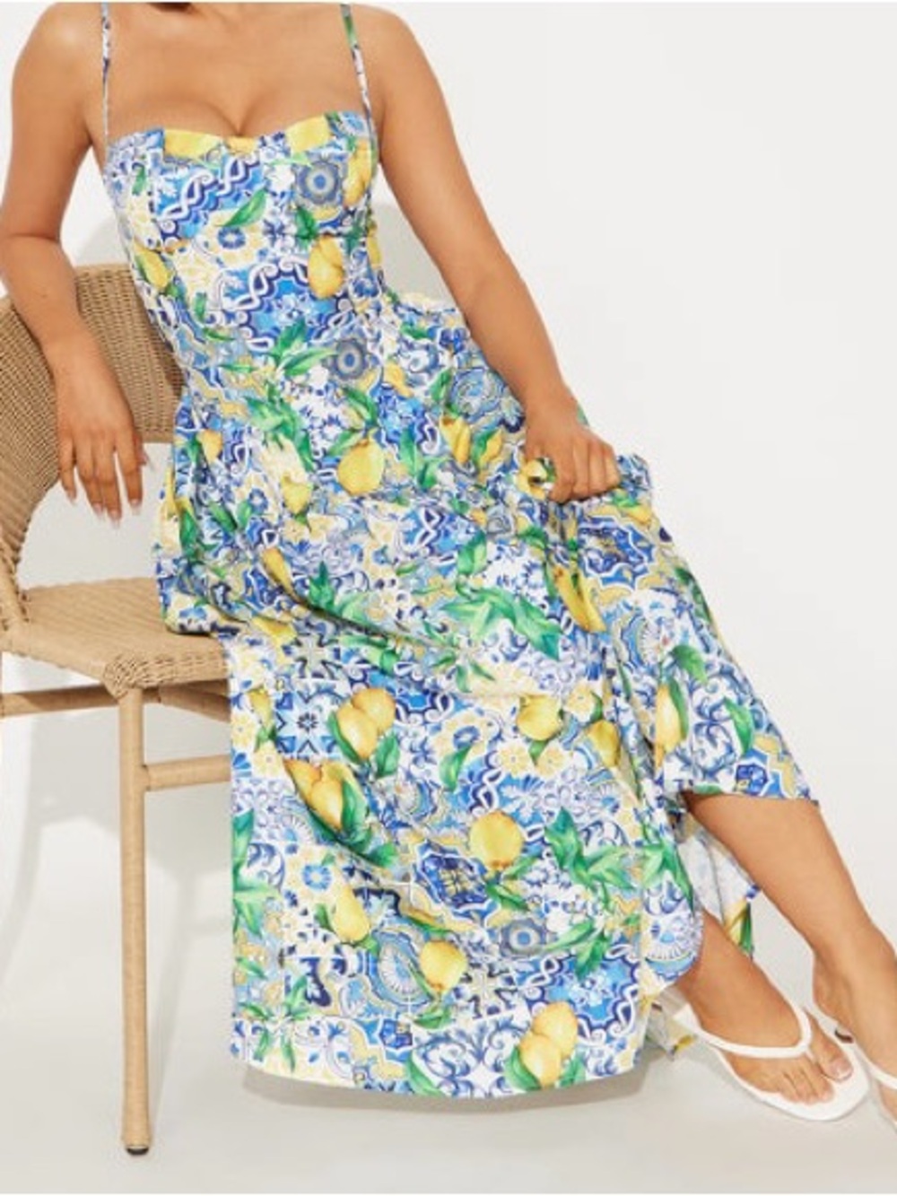 Fashion Nova Blue White Lemon Print Maxi Dress